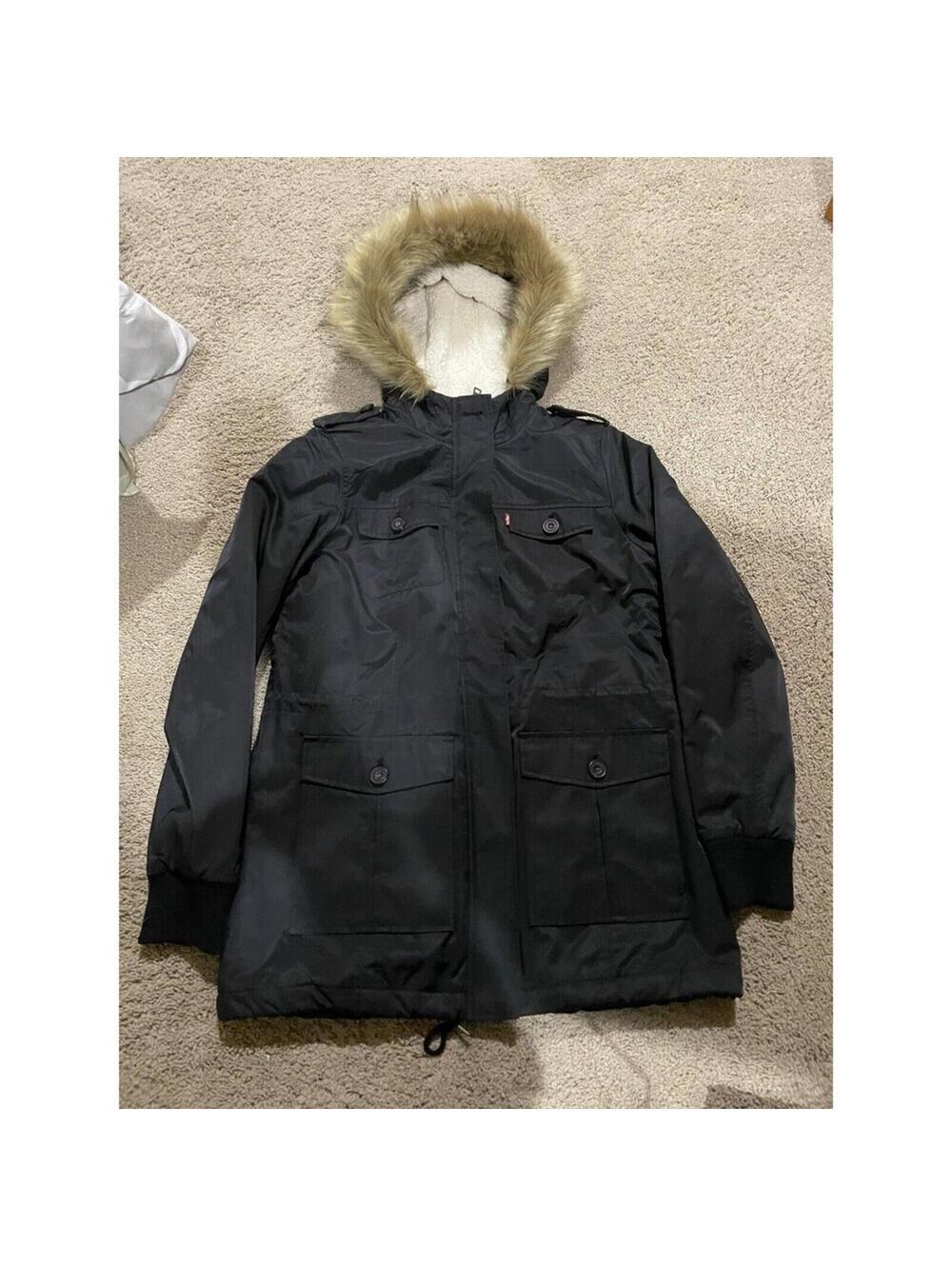 NWOT LEVIS STRAUSS SHERPA FLEECE LINED FUR HOOD WINTER JACKET BLACK WOMEN MEDIUM